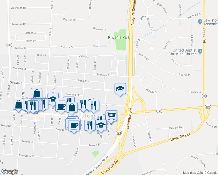 map of restaurants, bars, coffee shops, grocery stores, and more near 900 Oneida Street in Lewiston