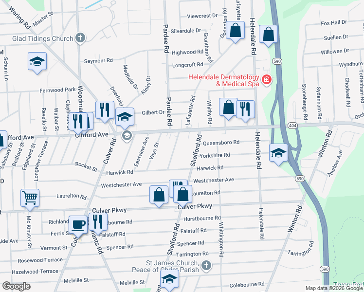 map of restaurants, bars, coffee shops, grocery stores, and more near 94 Garden Drive in Irondequoit