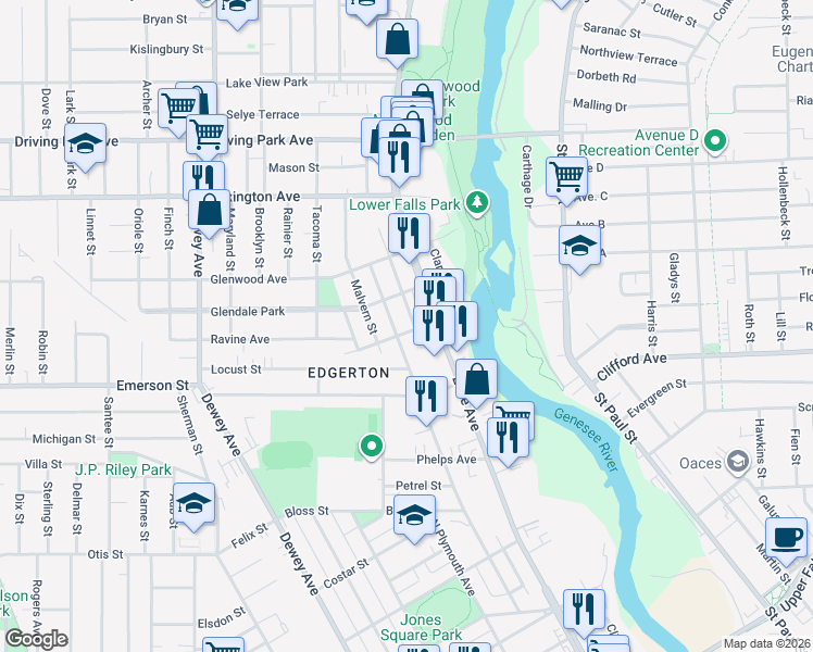 map of restaurants, bars, coffee shops, grocery stores, and more near 78 Ravine Avenue in Rochester