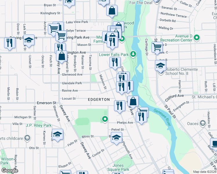 map of restaurants, bars, coffee shops, grocery stores, and more near 215 Fulton Avenue in Rochester