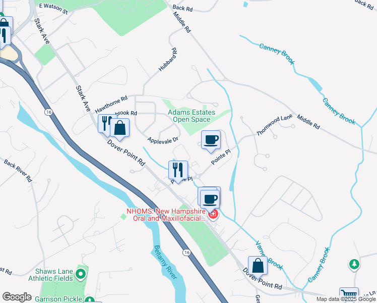 map of restaurants, bars, coffee shops, grocery stores, and more near 60 Thornwood Lane in Dover