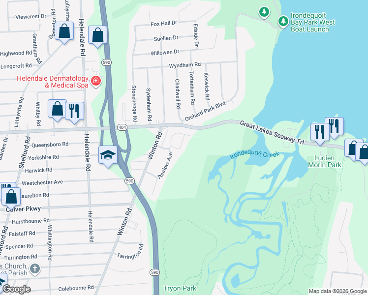 map of restaurants, bars, coffee shops, grocery stores, and more near 36 Club Drive in Rochester
