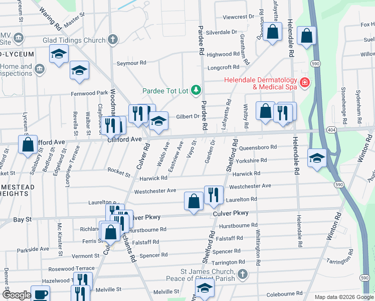 map of restaurants, bars, coffee shops, grocery stores, and more near 108 Eastview Avenue in Irondequoit