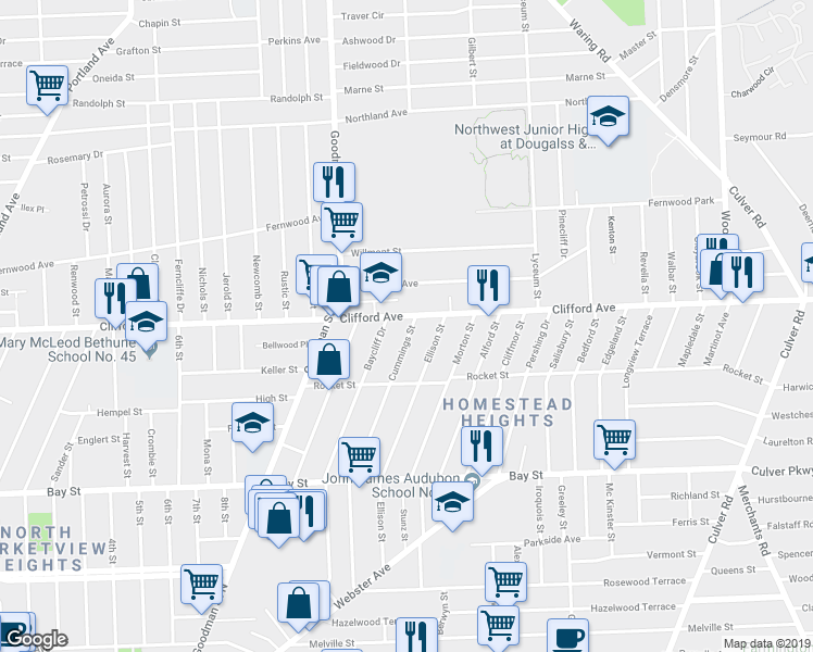 map of restaurants, bars, coffee shops, grocery stores, and more near 1844 Clifford Avenue in Rochester
