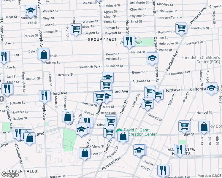 map of restaurants, bars, coffee shops, grocery stores, and more near 229 Alphonse Street in Rochester
