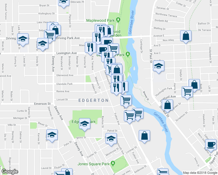 map of restaurants, bars, coffee shops, grocery stores, and more near 20 Leavenworth Street in Rochester