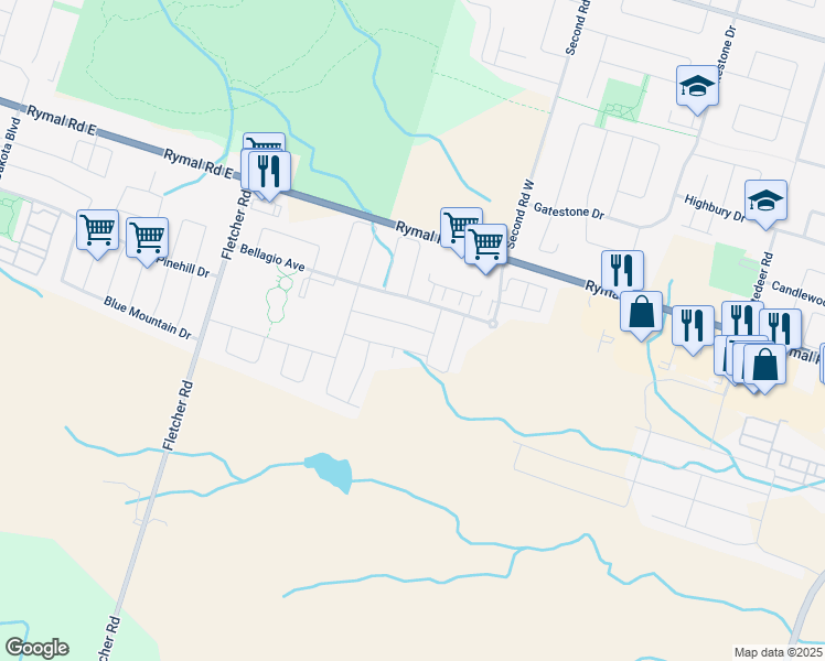 map of restaurants, bars, coffee shops, grocery stores, and more near 182 Bellagio Avenue in Hamilton