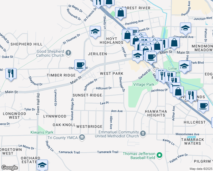 map of restaurants, bars, coffee shops, grocery stores, and more near W172 N8716 Shady Lane in Colgate