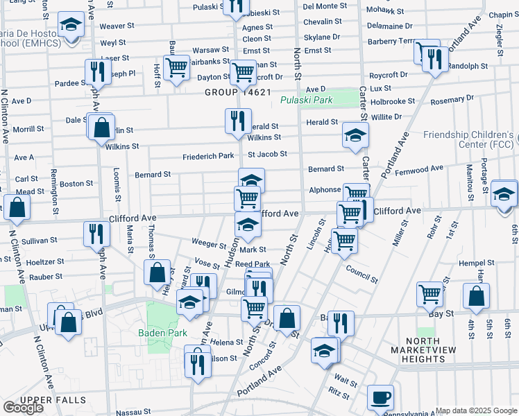 map of restaurants, bars, coffee shops, grocery stores, and more near 938 Clifford Avenue in Rochester