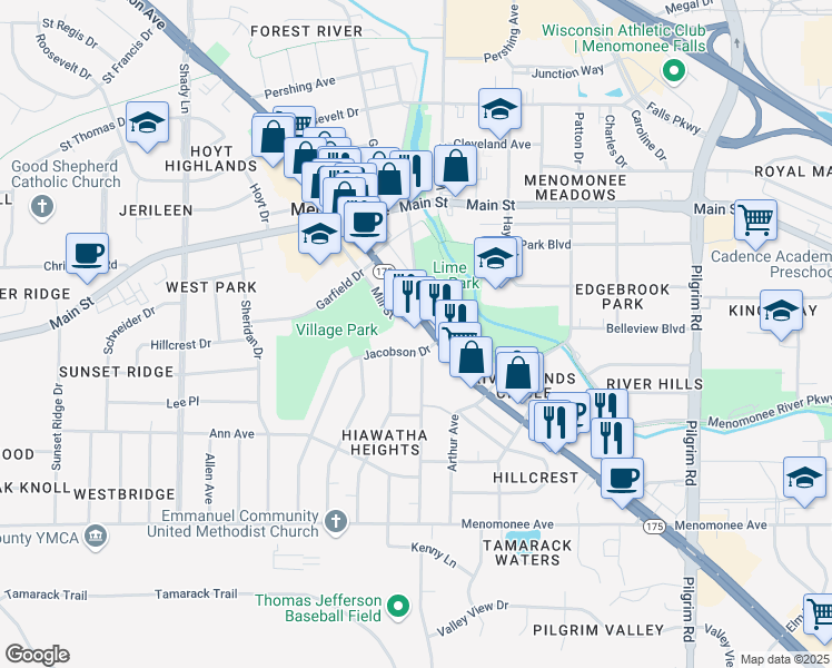 map of restaurants, bars, coffee shops, grocery stores, and more near N87 W16459 Appleton Avenue in Menomonee Falls