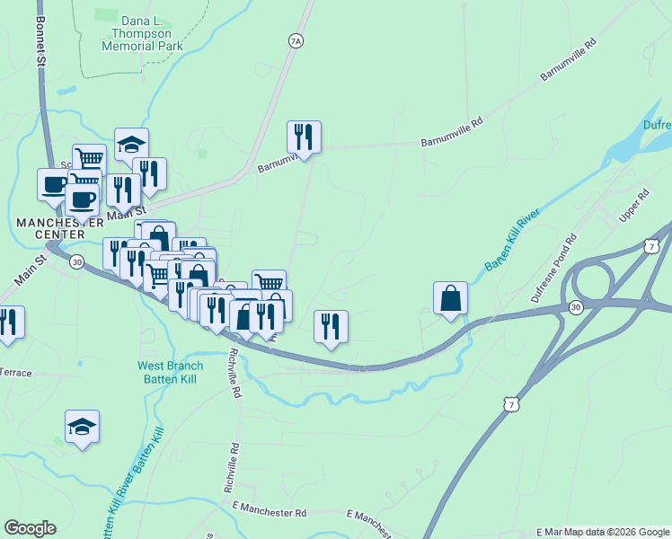 map of restaurants, bars, coffee shops, grocery stores, and more near 40 Murray Hill Woods Road in Bennington County