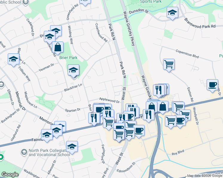 map of restaurants, bars, coffee shops, grocery stores, and more near 19 Courtland Drive in Brantford