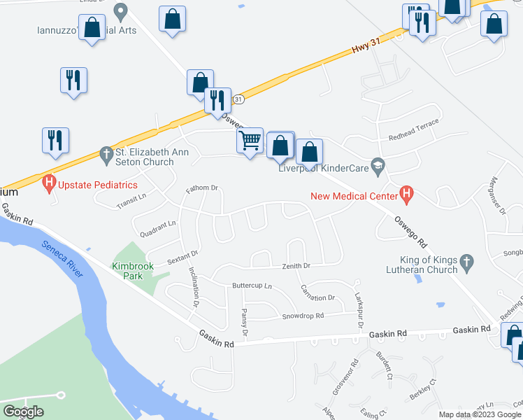 map of restaurants, bars, coffee shops, grocery stores, and more near 8381 Datum Lane in Baldwinsville