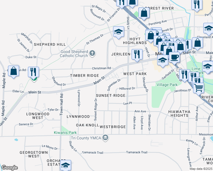 map of restaurants, bars, coffee shops, grocery stores, and more near N87W17422 Schneider Drive in Menomonee Falls
