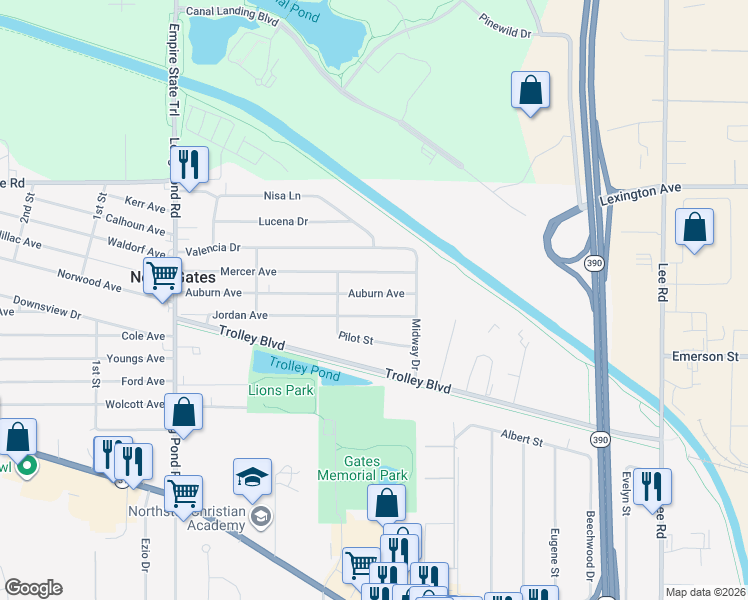 map of restaurants, bars, coffee shops, grocery stores, and more near 44 Auburn Avenue in Rochester
