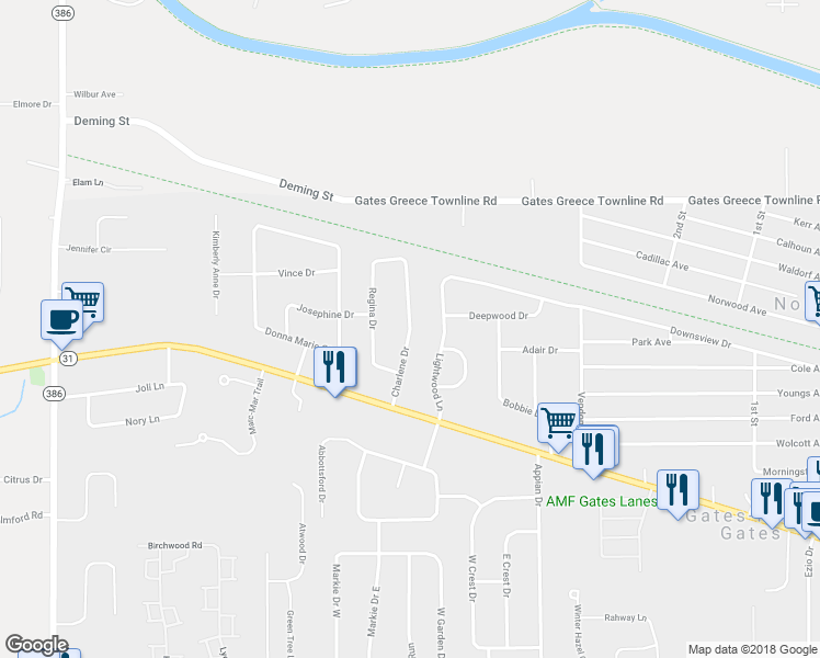 map of restaurants, bars, coffee shops, grocery stores, and more near 15 Charlene Drive in Rochester