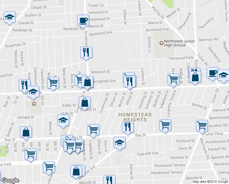 map of restaurants, bars, coffee shops, grocery stores, and more near 1853 Clifford Avenue in Rochester