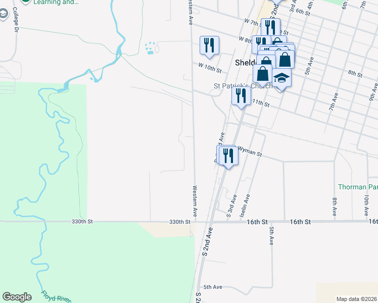 map of restaurants, bars, coffee shops, grocery stores, and more near 1050-1450 Western Avenue in Sheldon