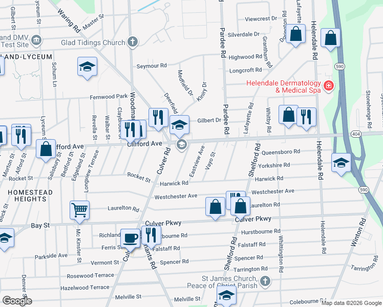 map of restaurants, bars, coffee shops, grocery stores, and more near 31 Empire Boulevard in Irondequoit