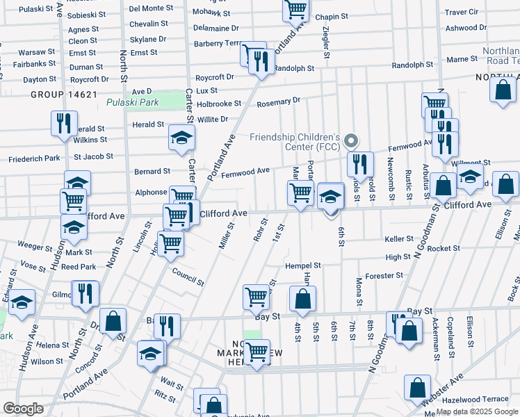 map of restaurants, bars, coffee shops, grocery stores, and more near 19 Spiegel Park in Rochester