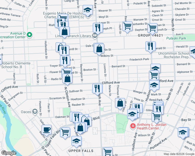 map of restaurants, bars, coffee shops, grocery stores, and more near 27 Jonge Street in Rochester