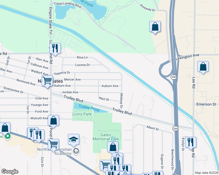 map of restaurants, bars, coffee shops, grocery stores, and more near 44 Auburn Avenue in Rochester