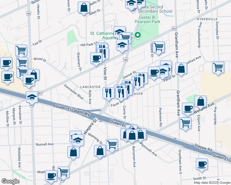 map of restaurants, bars, coffee shops, grocery stores, and more near 230 Niagara Street in St. Catharines
