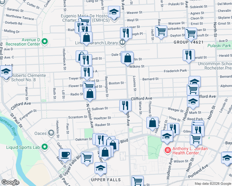map of restaurants, bars, coffee shops, grocery stores, and more near 27 Jonge Street in Rochester