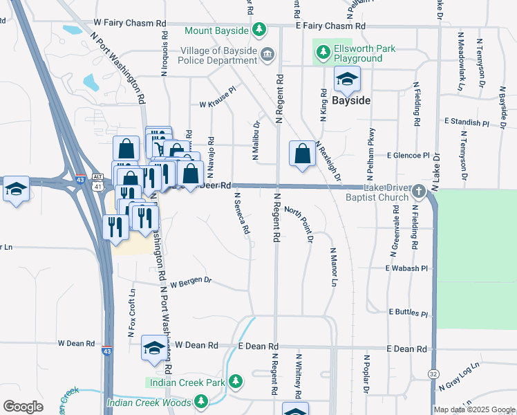 map of restaurants, bars, coffee shops, grocery stores, and more near 8710 North Seneca Court in Fox Point