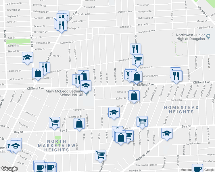 map of restaurants, bars, coffee shops, grocery stores, and more near Clifford Ave & Jerold St in Rochester