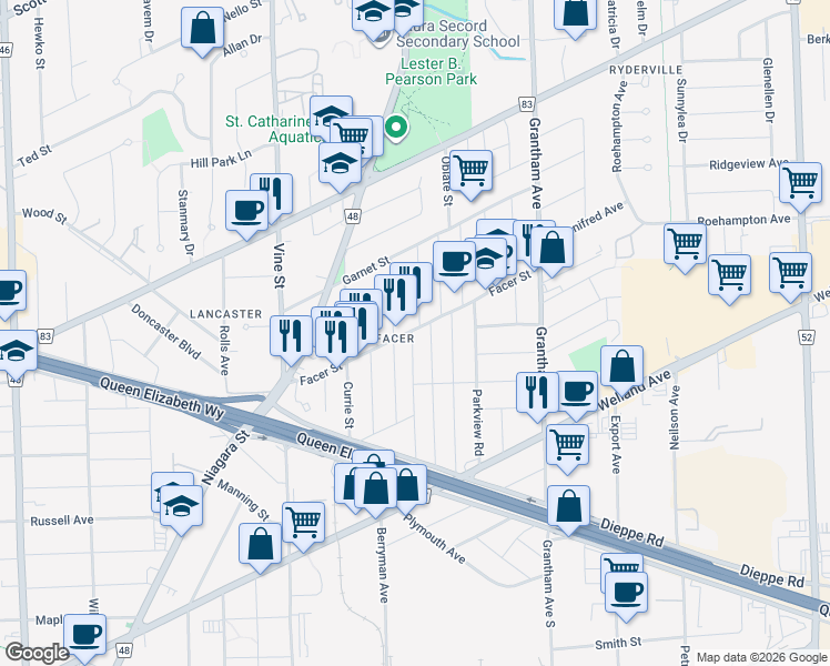map of restaurants, bars, coffee shops, grocery stores, and more near 52 Facer Street in St. Catharines