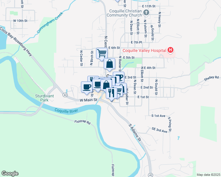 map of restaurants, bars, coffee shops, grocery stores, and more near 99 East 2nd Street in Coquille