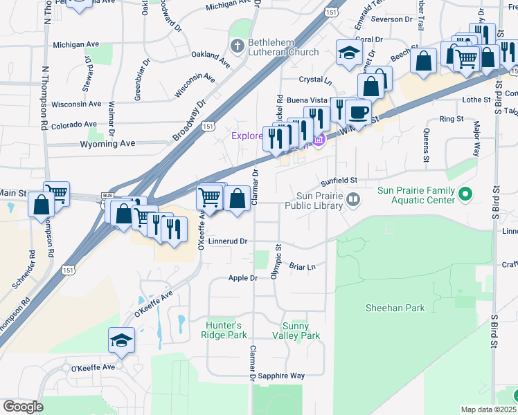 map of restaurants, bars, coffee shops, grocery stores, and more near 401 Clarmar Drive in Sun Prairie