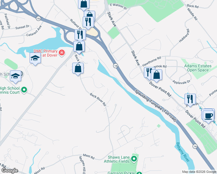 map of restaurants, bars, coffee shops, grocery stores, and more near 42 Picnic Rock Drive in Dover