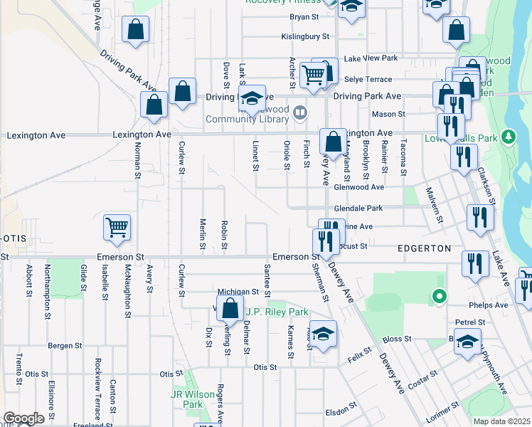map of restaurants, bars, coffee shops, grocery stores, and more near 320 Santee Street in Rochester
