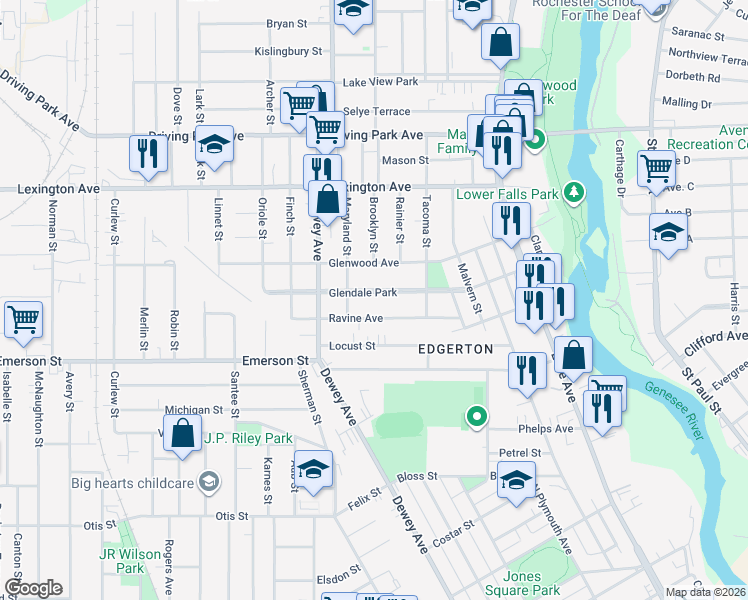 map of restaurants, bars, coffee shops, grocery stores, and more near 93 Glendale Park in Rochester