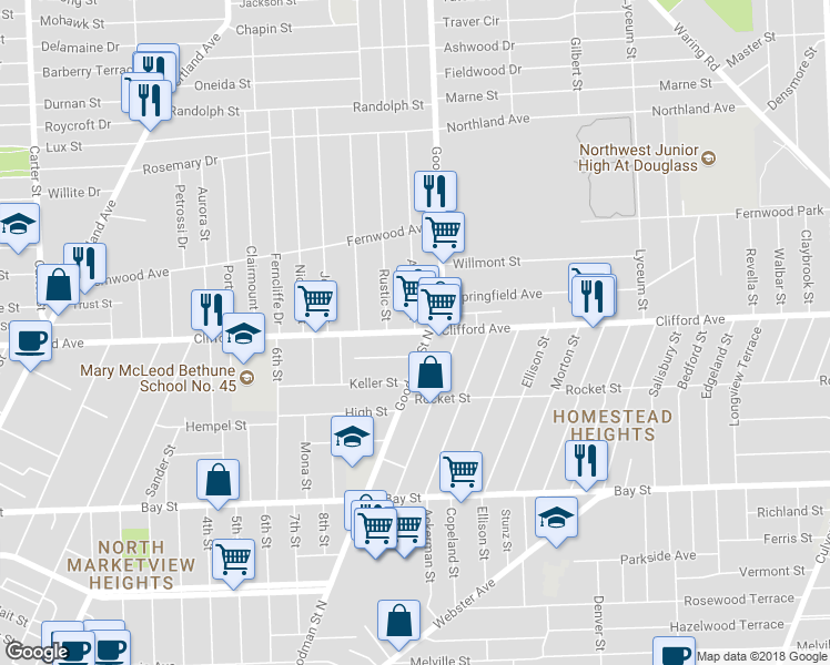 map of restaurants, bars, coffee shops, grocery stores, and more near 1673 Clifford Avenue in Rochester