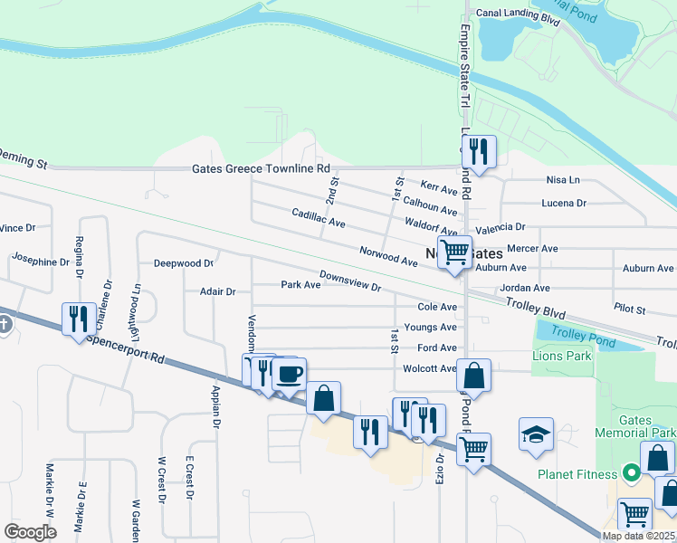 map of restaurants, bars, coffee shops, grocery stores, and more near 200 Downsview Drive in Rochester