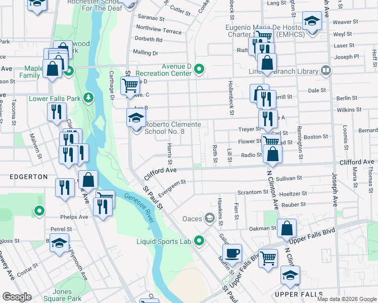 map of restaurants, bars, coffee shops, grocery stores, and more near 15 Nielson Street in Rochester