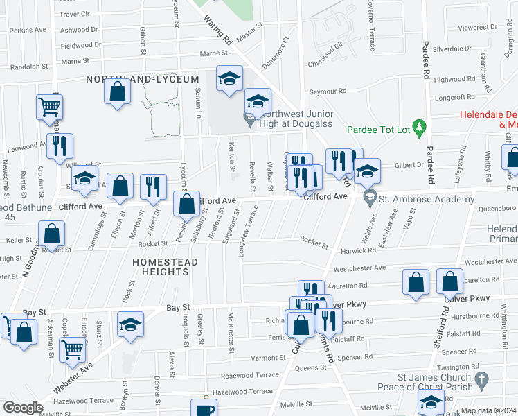 map of restaurants, bars, coffee shops, grocery stores, and more near 222 Longview Terrace in Rochester
