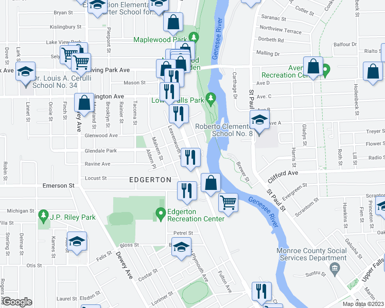 map of restaurants, bars, coffee shops, grocery stores, and more near 594 Lake Avenue in Rochester
