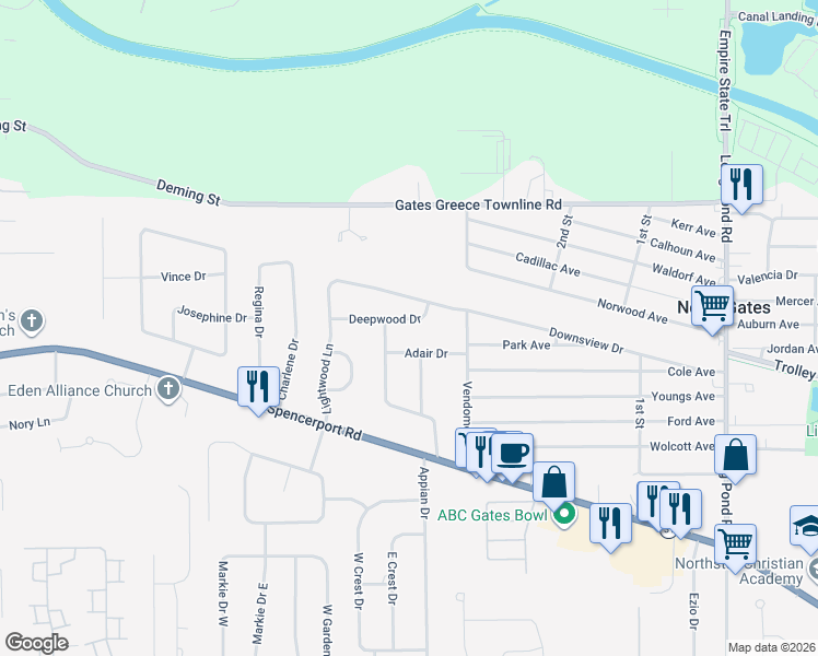 map of restaurants, bars, coffee shops, grocery stores, and more near 46 Deepwood Drive in Rochester