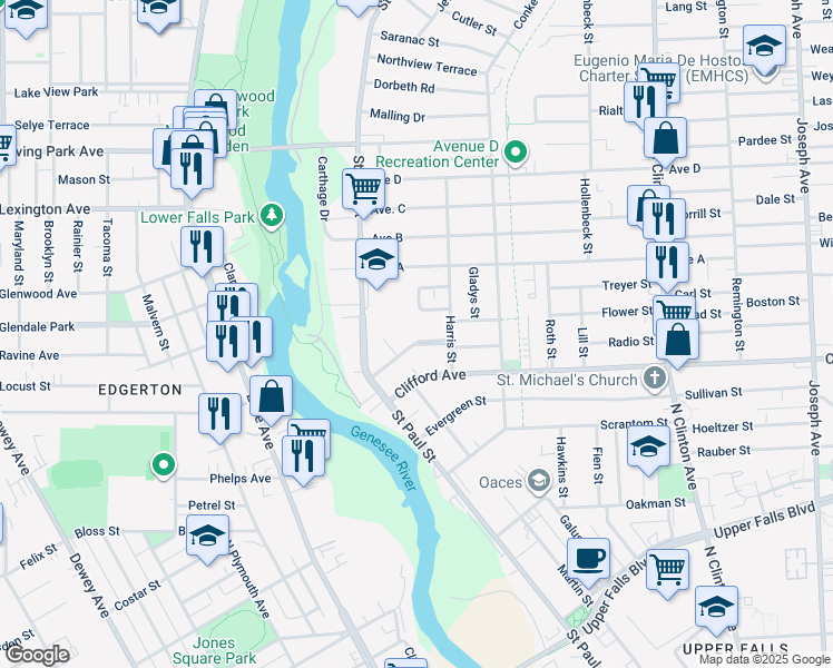 map of restaurants, bars, coffee shops, grocery stores, and more near 80 Huntington Park in Rochester