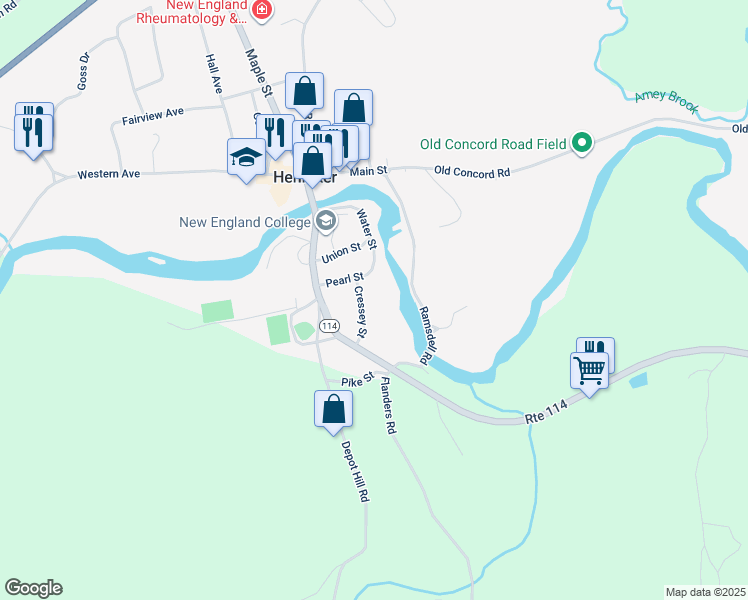 map of restaurants, bars, coffee shops, grocery stores, and more near 17 Cressey Street in Henniker