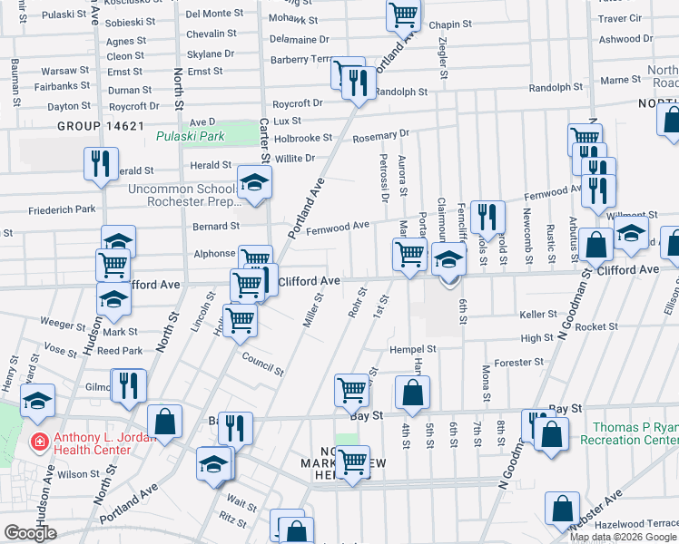 map of restaurants, bars, coffee shops, grocery stores, and more near 19 Spiegel Park in Rochester