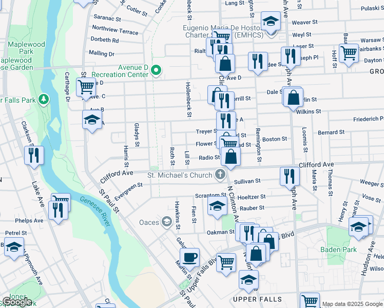 map of restaurants, bars, coffee shops, grocery stores, and more near 54 Lill Street in Rochester