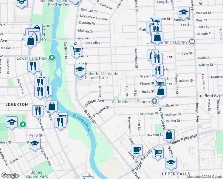 map of restaurants, bars, coffee shops, grocery stores, and more near 15 Nielson Street in Rochester