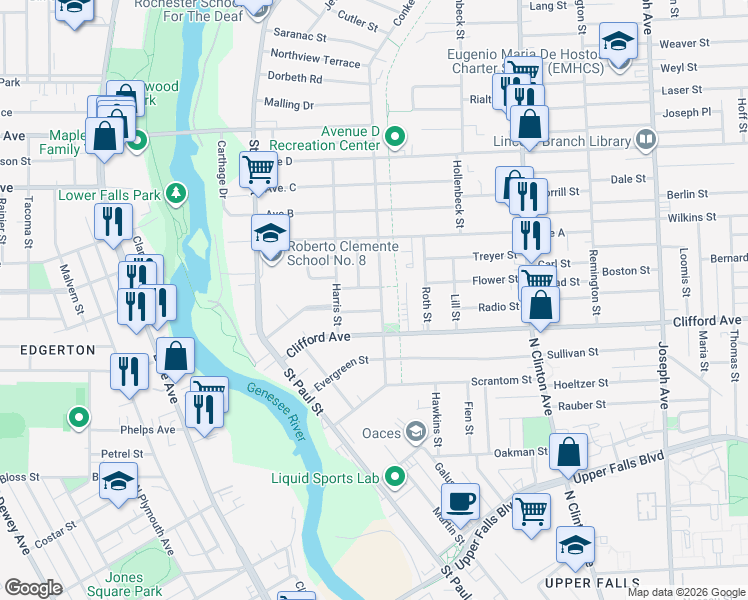 map of restaurants, bars, coffee shops, grocery stores, and more near 15 Nielson Street in Rochester