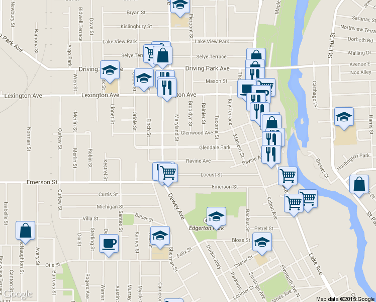 map of restaurants, bars, coffee shops, grocery stores, and more near 93 Glendale Park in Rochester