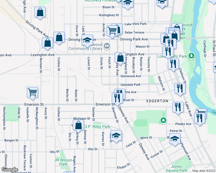 map of restaurants, bars, coffee shops, grocery stores, and more near 143 Glendale Park in Rochester
